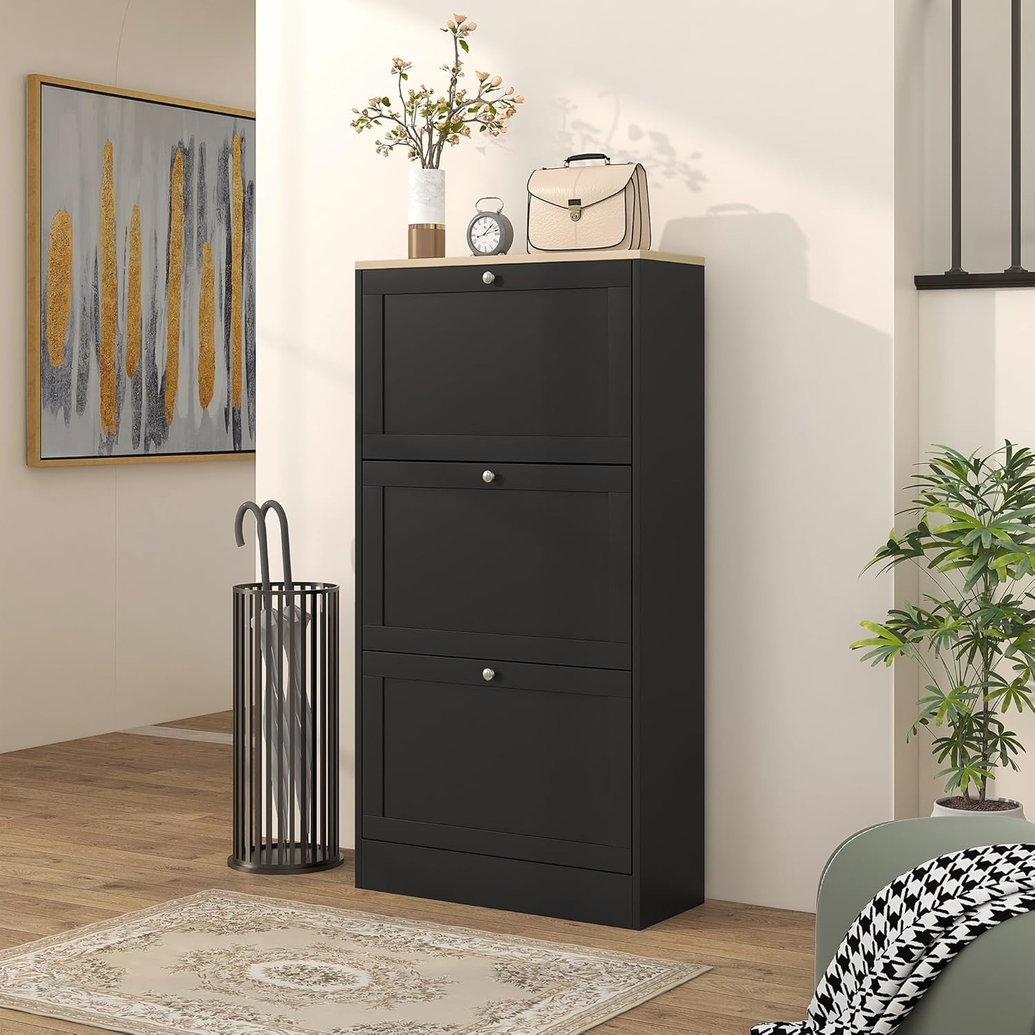 Slim Black Shoe Cabinet 3 Flip Drawers Adjustable Shelves Space Saving Rack