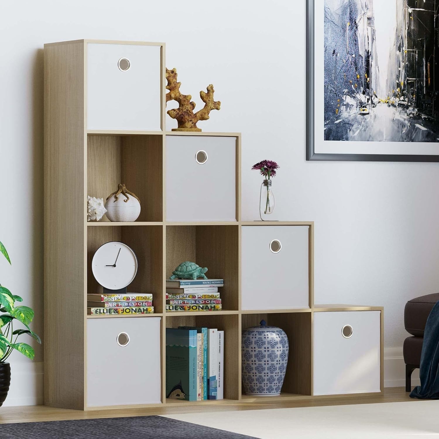 Oak 10 Cube Staircase Bookcase with 5 White Baskets Modern Storage Unit