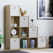 Oak 10 Cube Staircase Bookcase with 5 White Baskets Modern Storage Unit