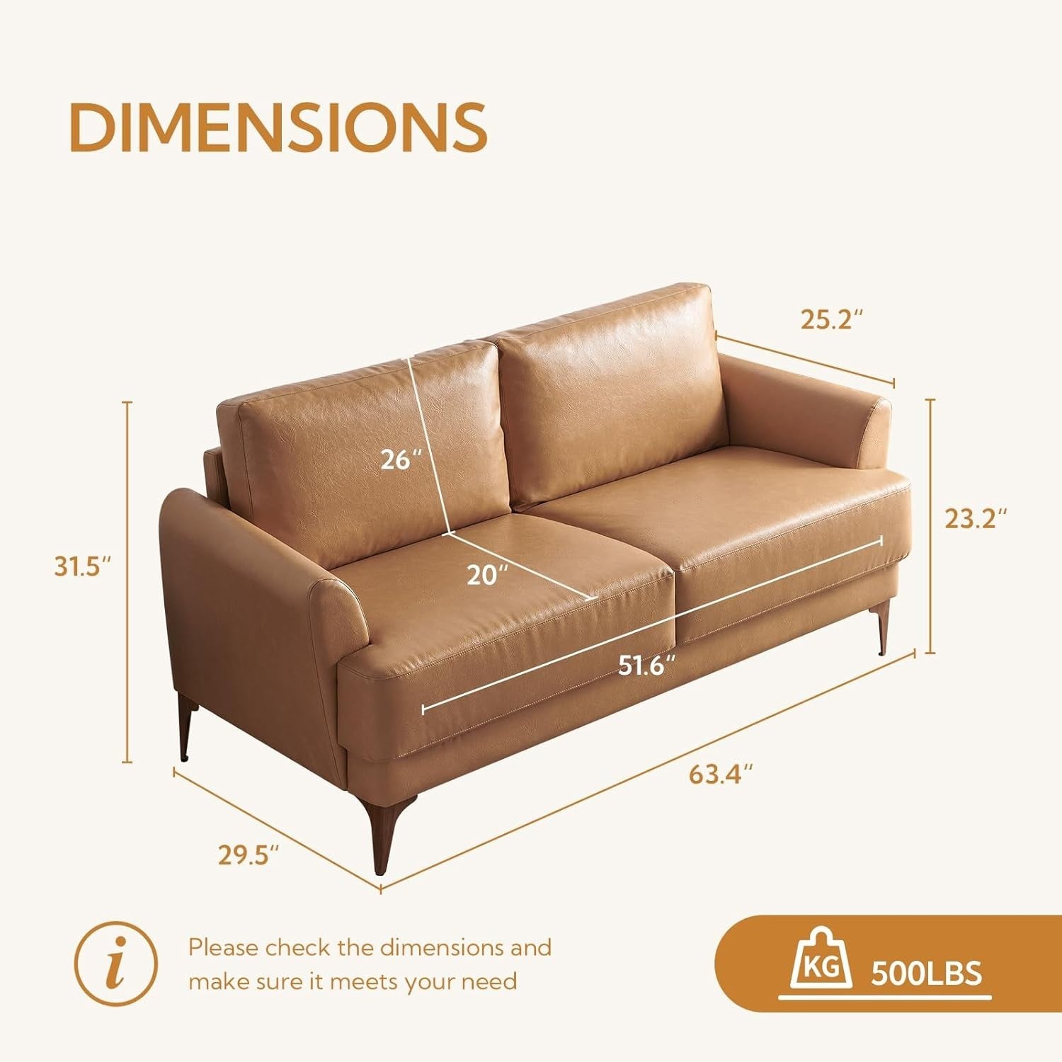 Leather Loveseat Sofa 2-3 Seater Tan Faux Leather Modern Couch for Lounge Office