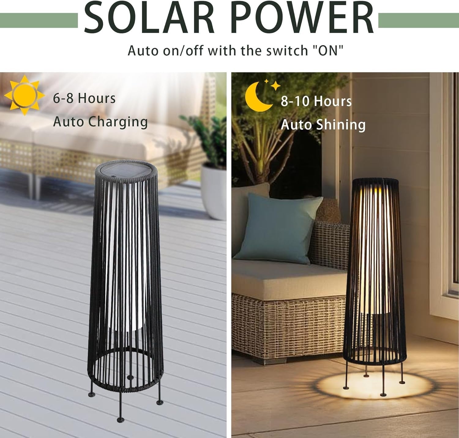 2 Pack Solar Wicker Floor Lamps Outdoor Rattan Lanterns 68 cm Black