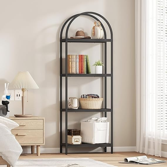 Tall Arched Bookshelf 4-Tier Industrial Metal Display Unit for Living Room