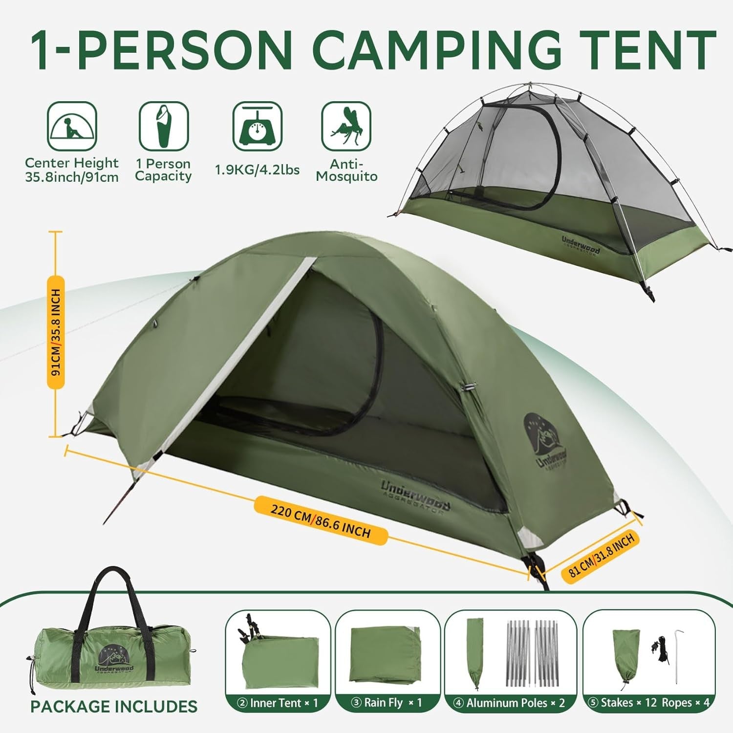 1 Man Backpacking Tent Lightweight Waterproof 3 Season Hiking