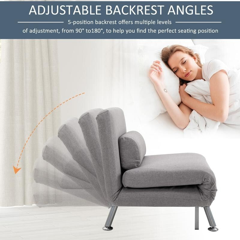 5-Position Folding Chair Bed Grey Guest Sofa Sleeper w/ Pillow & Suede Look