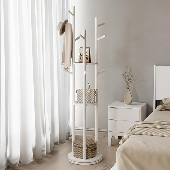 White Wooden Coat Rack Stand with 3 Shelves | 360° Rotating Hall Tree 9 Hooks