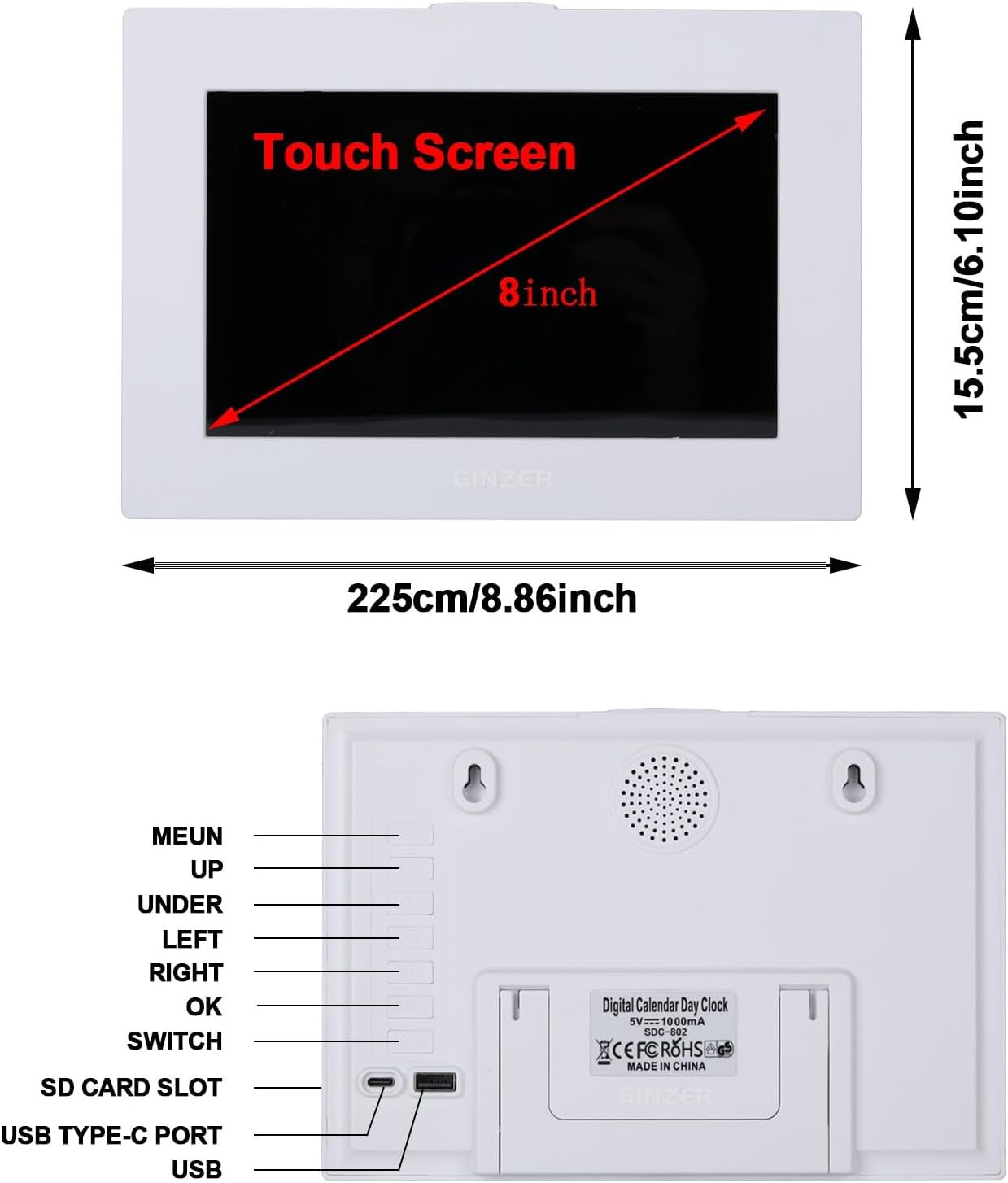 Large Dementia Alarm Clock 8” Touch Screen Talking Date Display