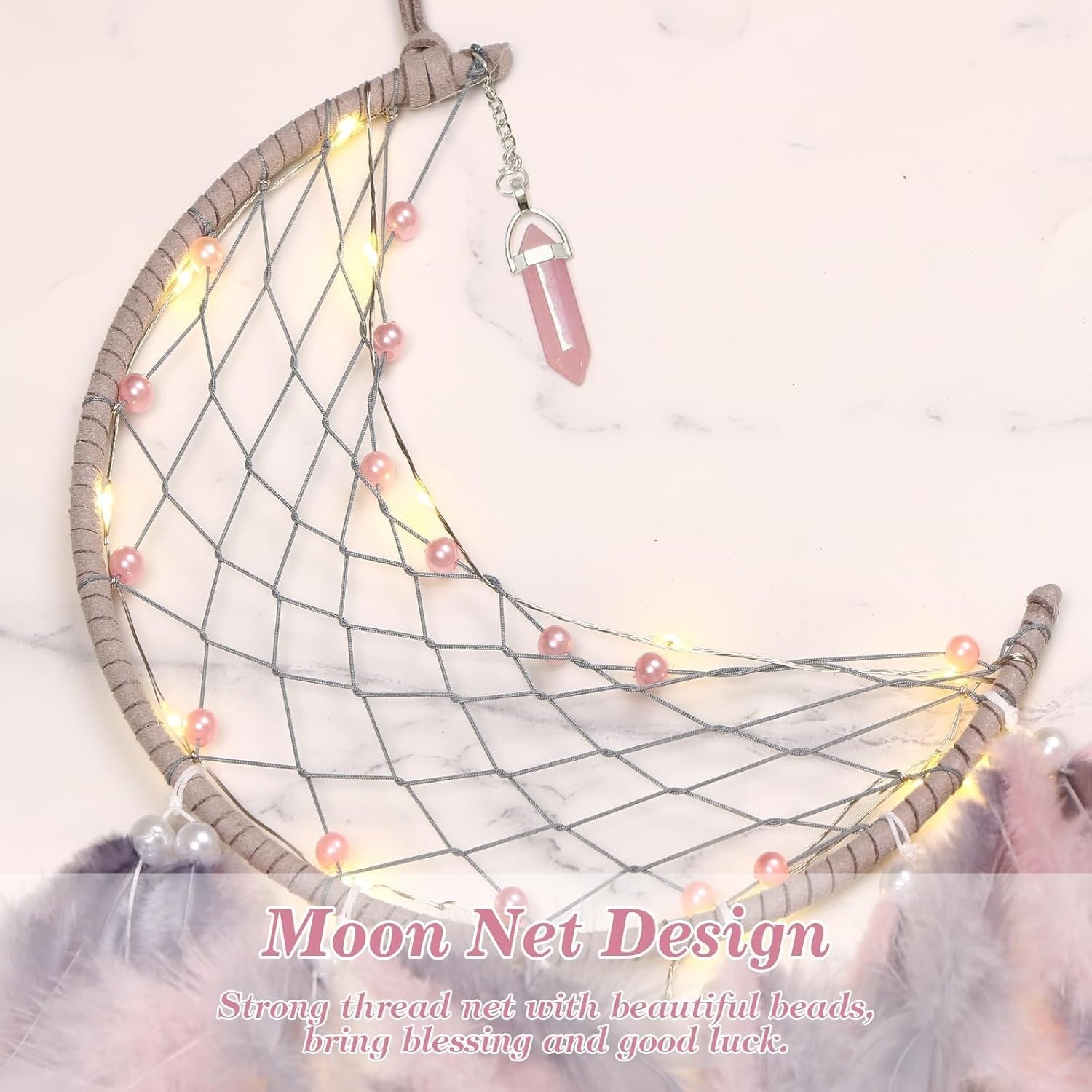 Boho Moon Dream Catcher Pink Grey Feathers Fairy Lights Wall Decor