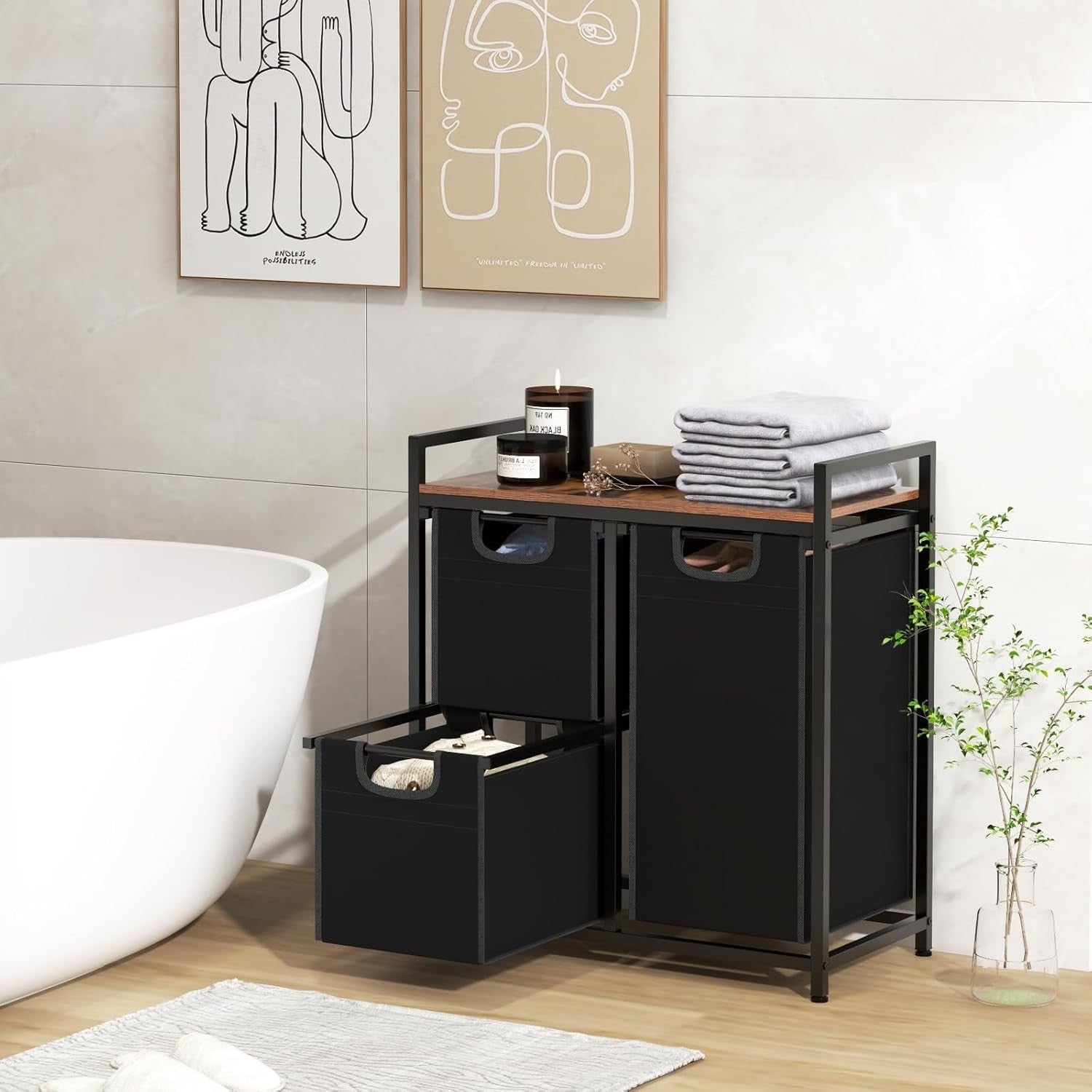 3 Compartment Laundry Basket Pull Out Hampers with Shelf Metal Frame