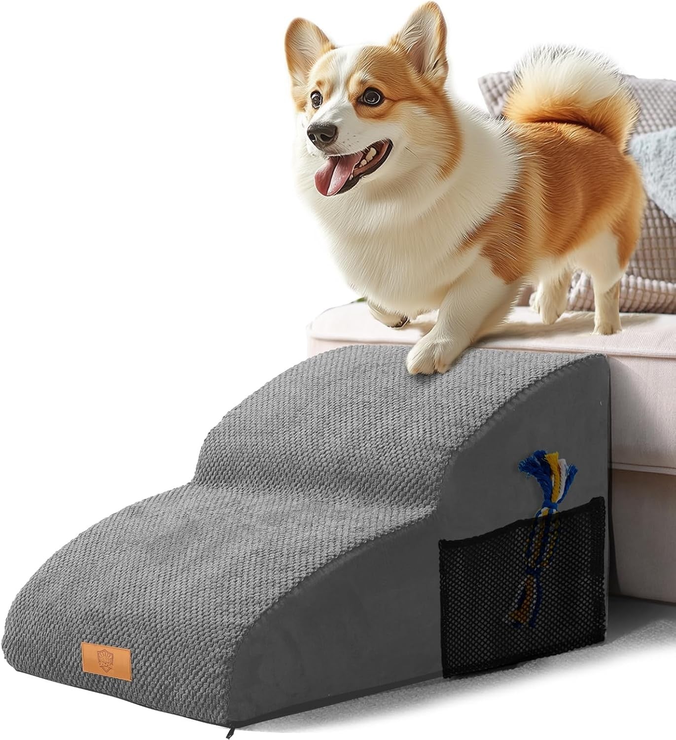 Grey 2 Step Extended Dog Stairs 30D Foam 55x40x30cm