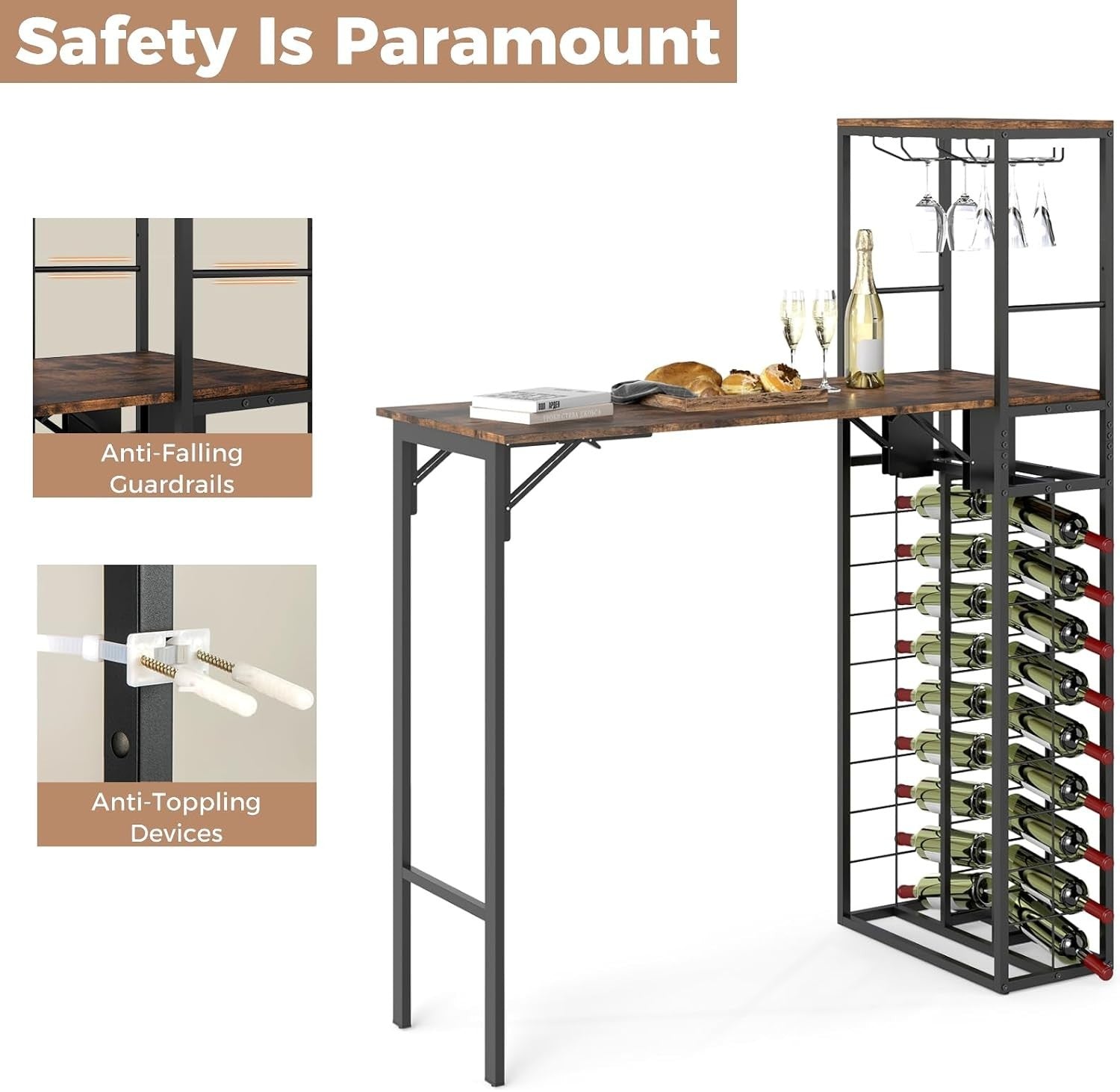 Foldable Bar Dining Table with Wine Rack, 2-Tier Storage, Rustic Brown Metal