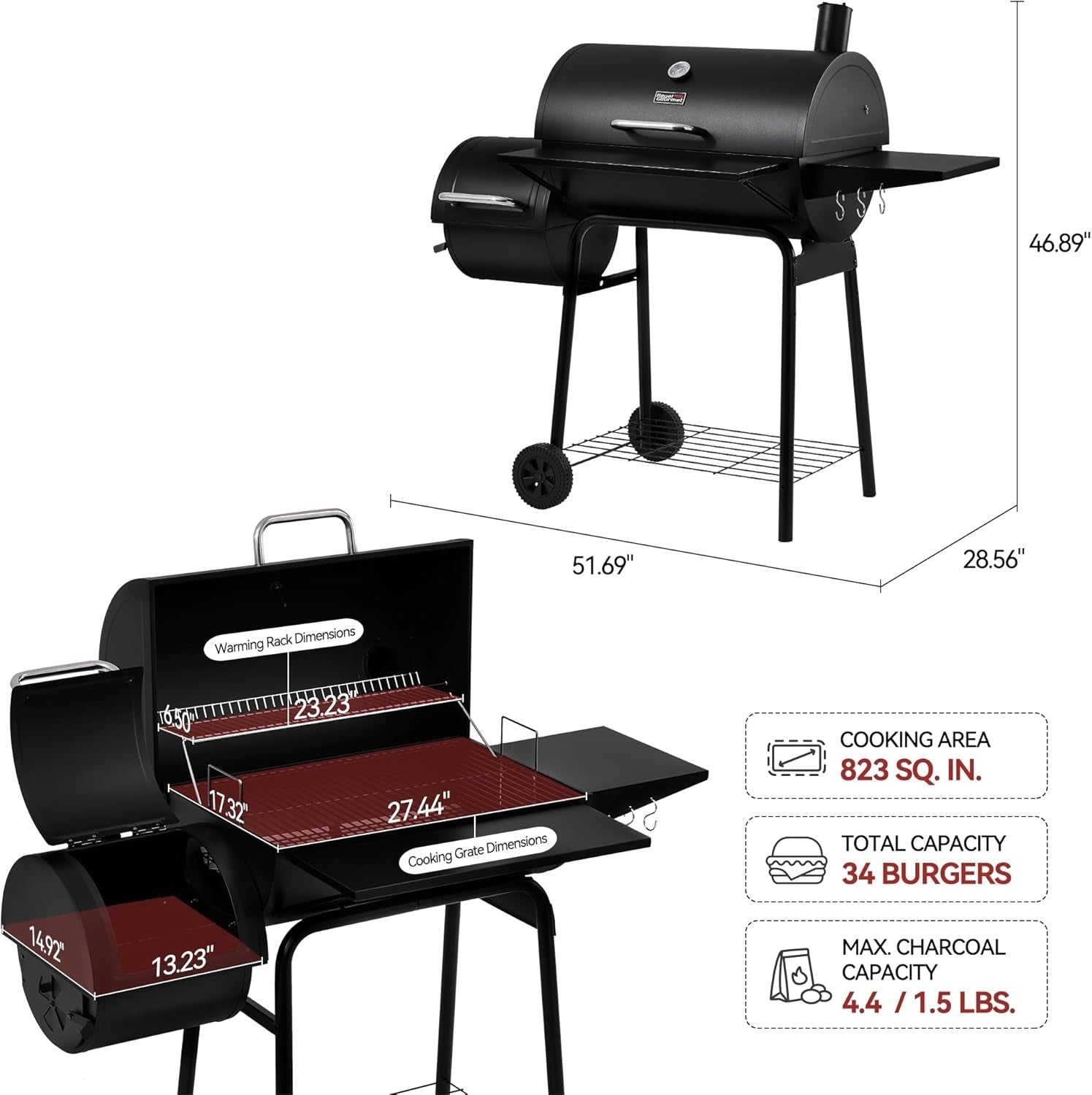 Large Charcoal BBQ Grill with Offset Smoker 30" Outdoor Barbecue Cooker