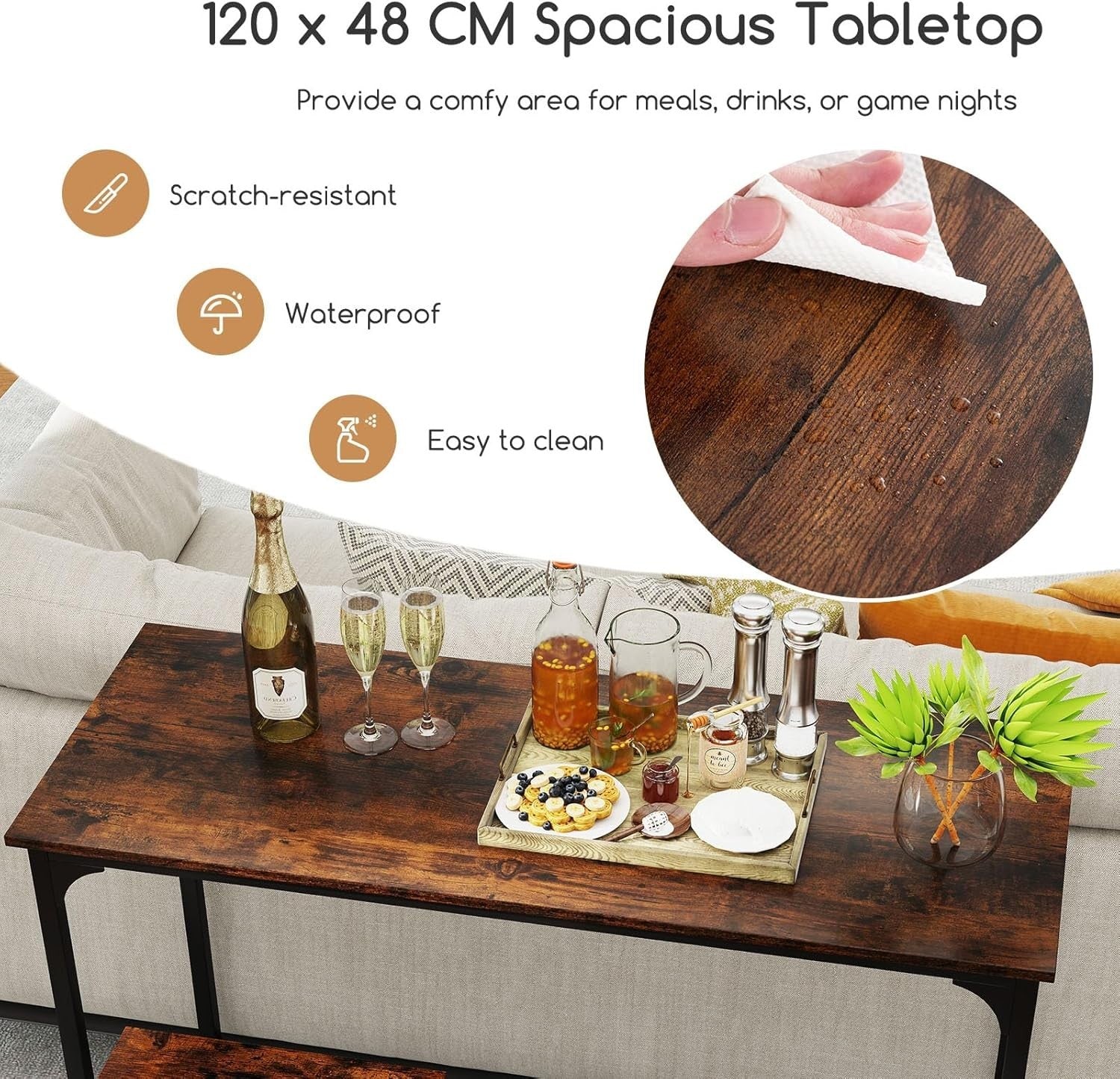 3PCS Coffee+Black Bar Table Set with 2 Stools, Metal Frame Dining Set Furniture