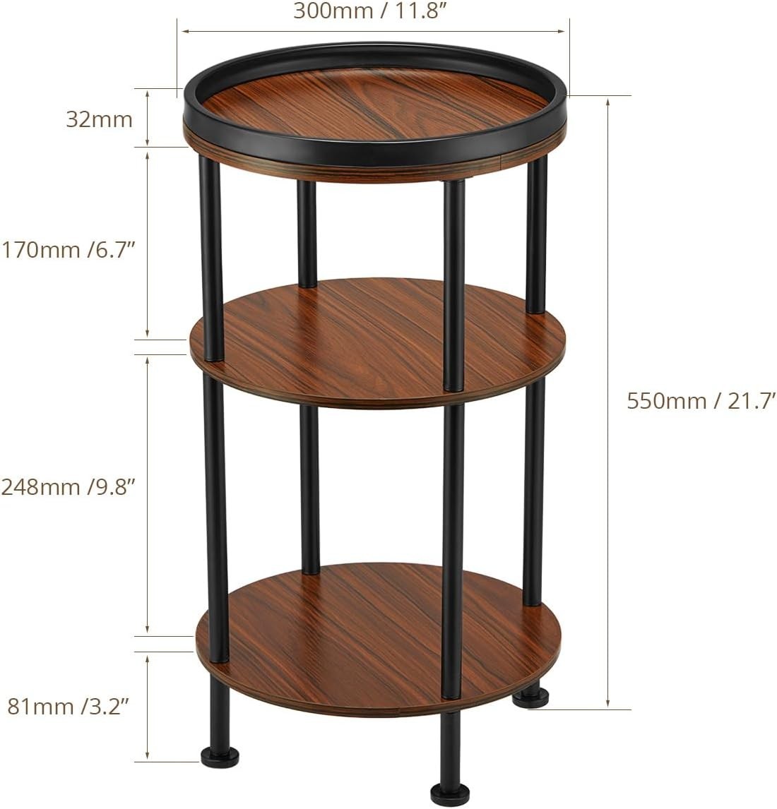 3 Tier Round Side Table with Storage Shelf Metal Frame Small Space Cherry 30x55