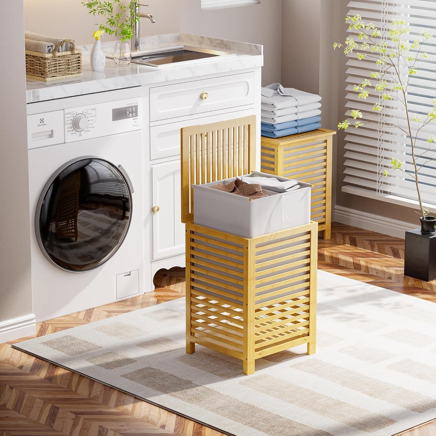 Natural Bamboo Double Laundry Hamper with Lid 120L 2 Section Basket 47x47x65cm