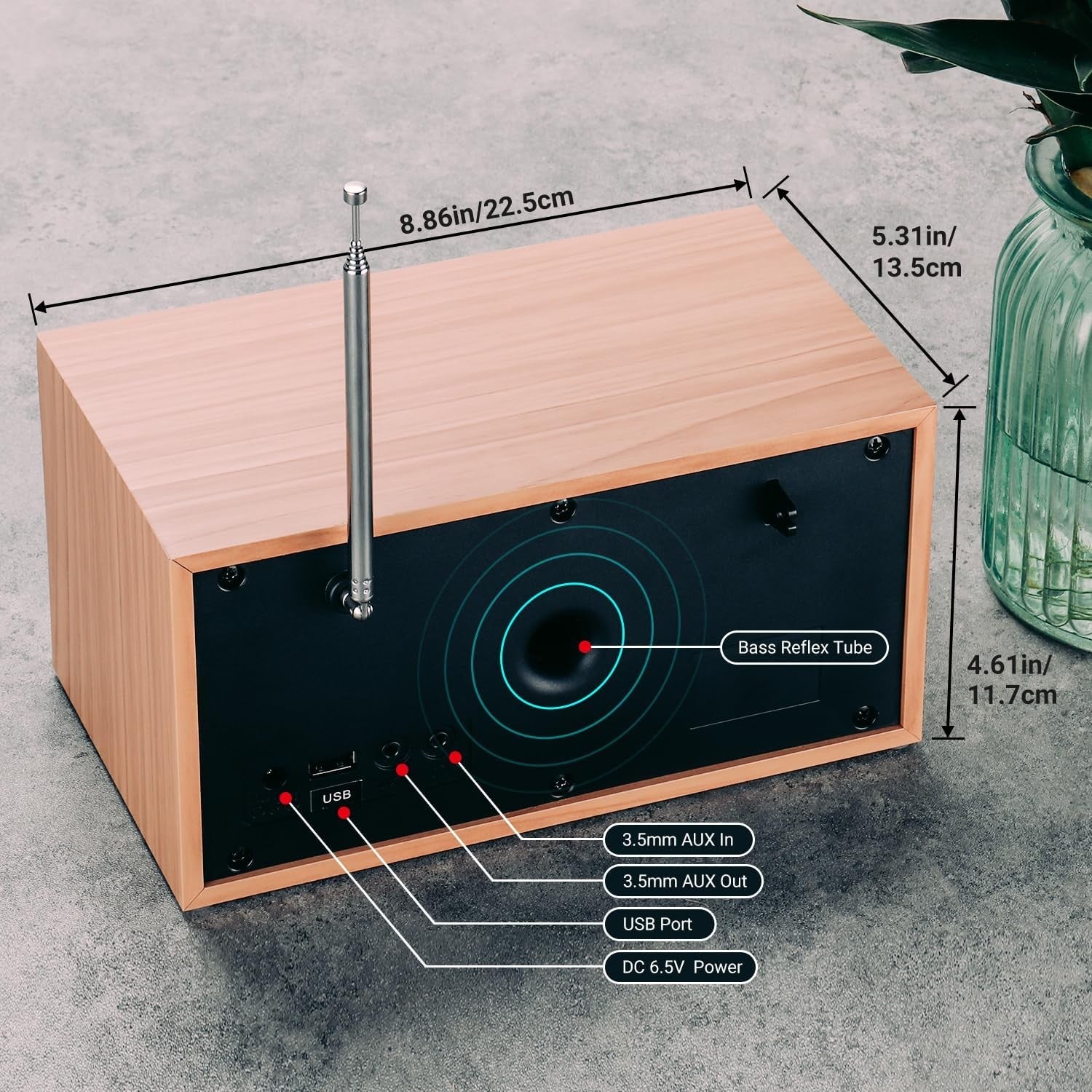 DAB/DAB+ FM Radio Bluetooth Speaker Alarm Clock USB AUX Subwoofer Oak