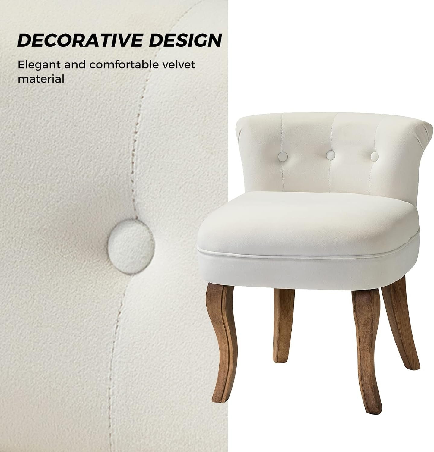 Ivory Velvet Vanity Stool – Low Back Upholstered Makeup Chair with Wood Legs