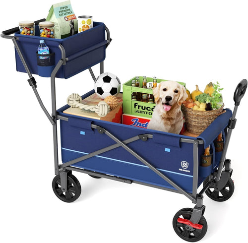 Blue 120kg Folding Camping Wagon Push Pull Trolley w/ Basket & Pockets
