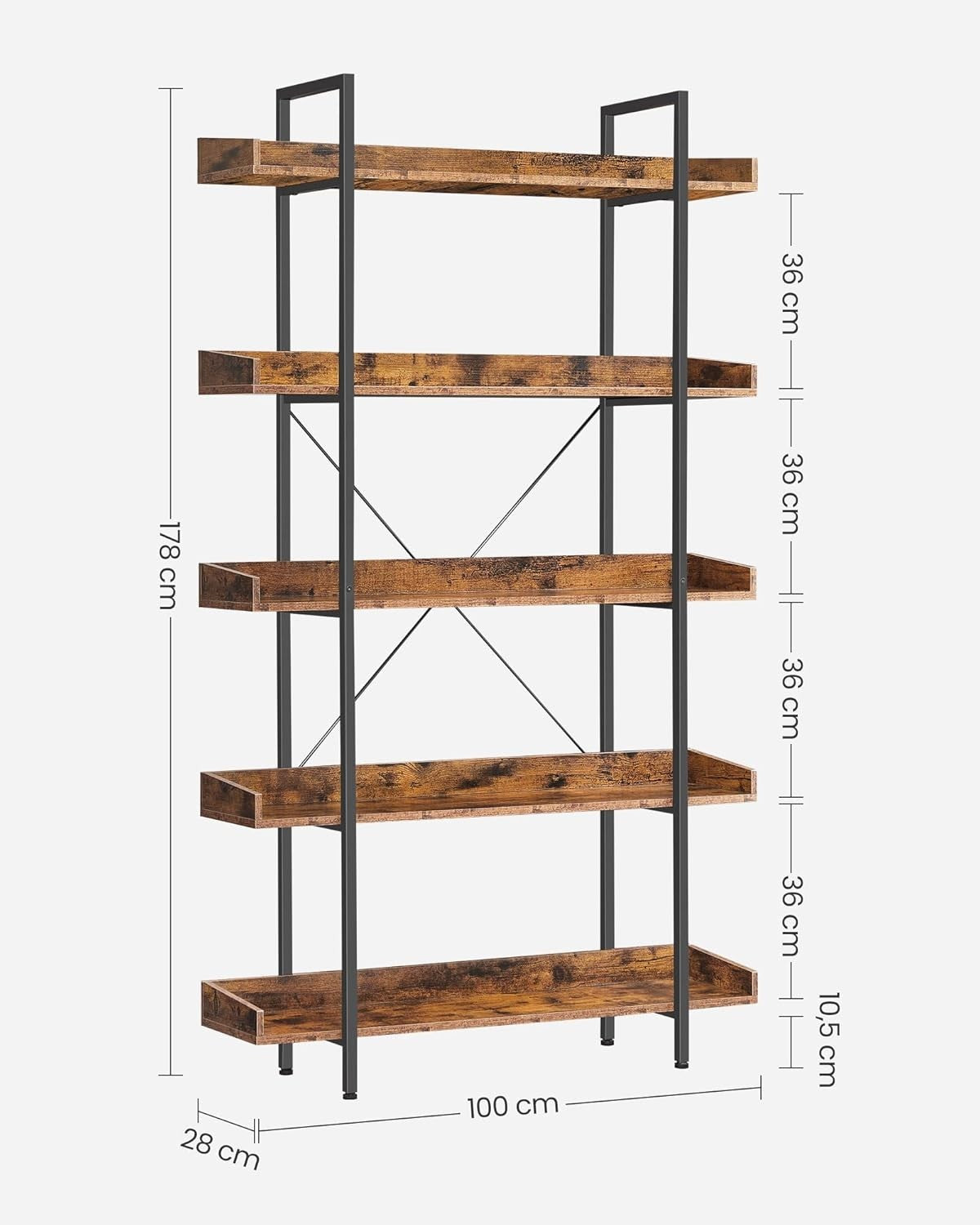 5-Tier Industrial Bookcase Shelving Unit with Tray Shelves, Rustic Brown & Black