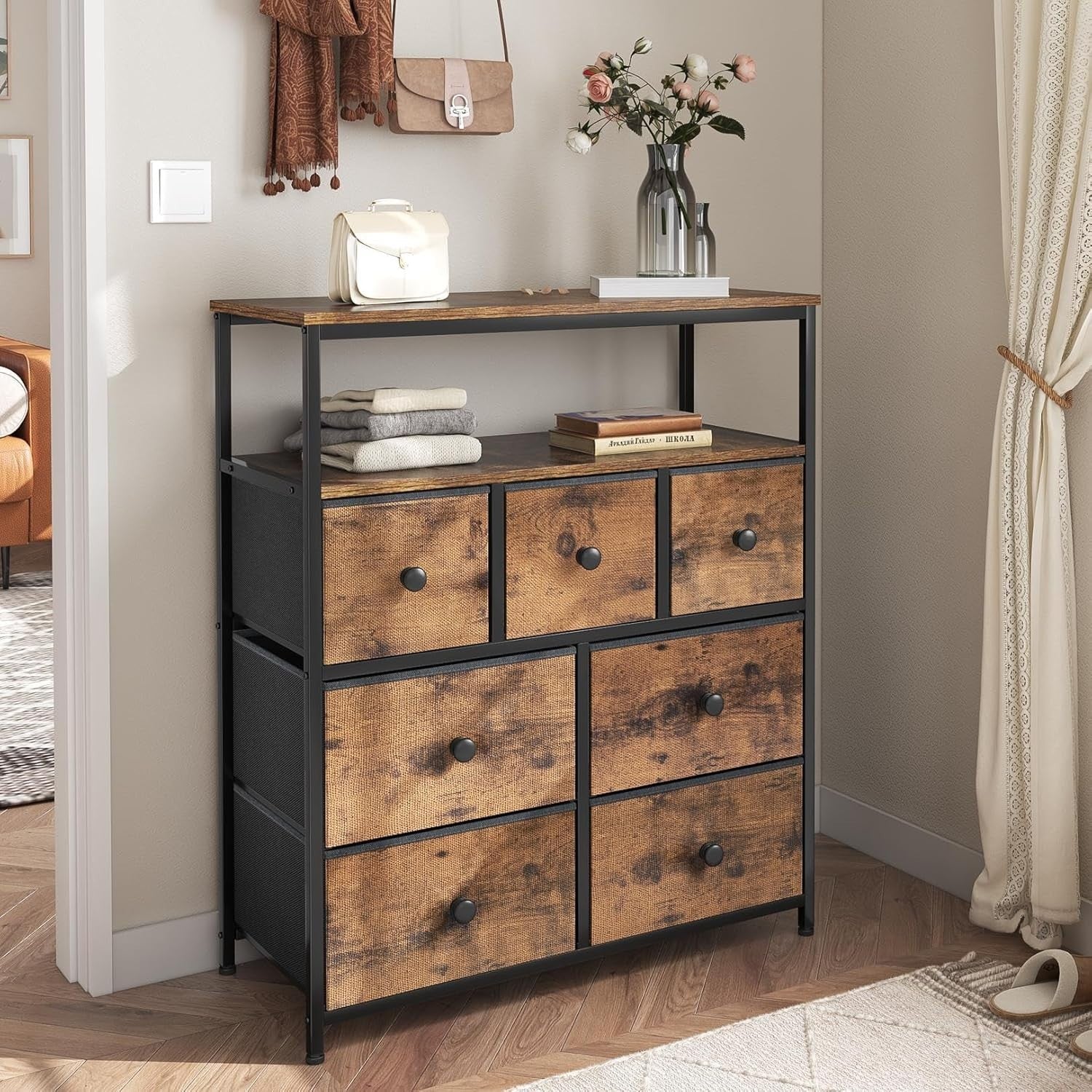Tall Chest of Drawers Storage Unit 7 Fabric Drawers, Wood Top, Shelves