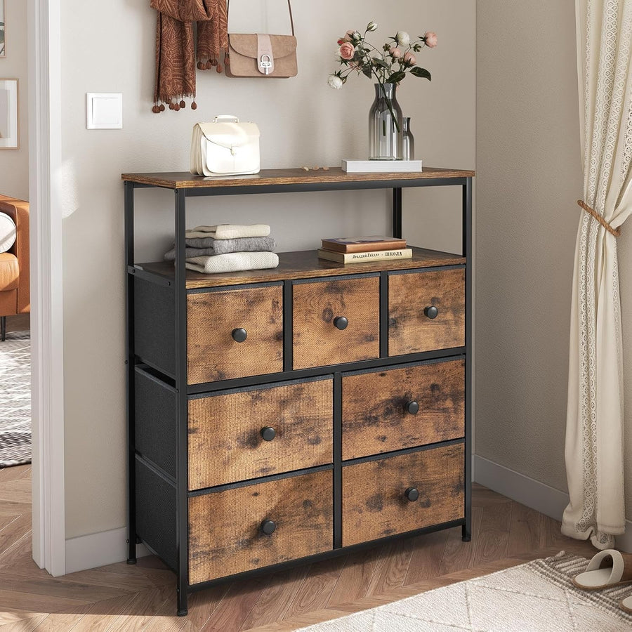 Tall Chest of Drawers Storage Unit 7 Fabric Drawers, Wood Top, Shelves