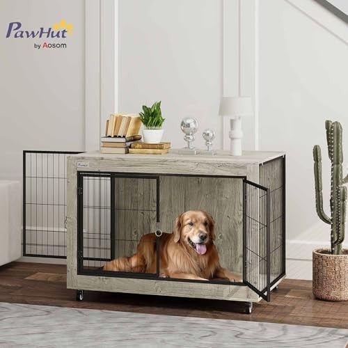 Modern Dog Crate Furniture with Wheels, Large Lockable Pet Cage Grey