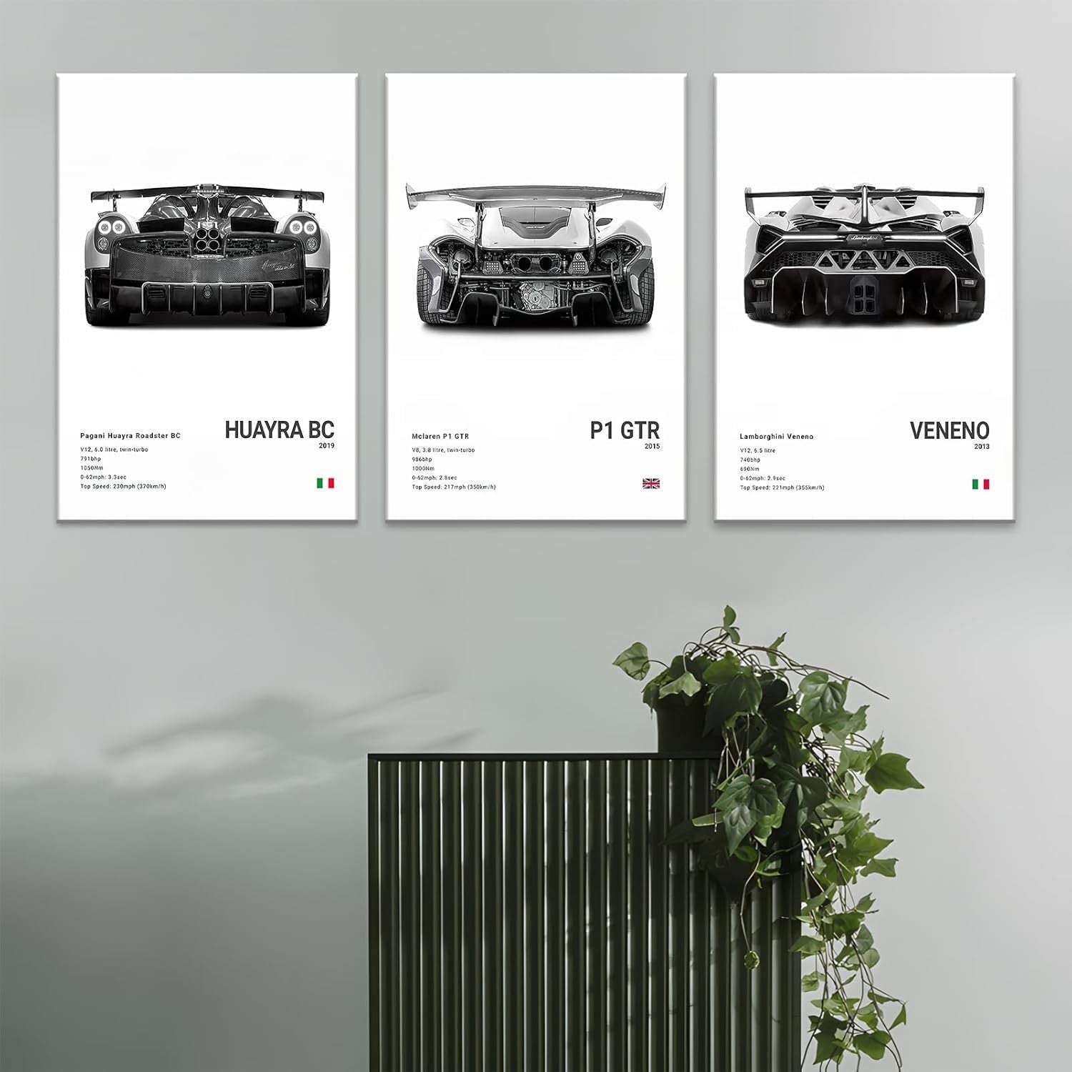 Black White Supercar Canvas Wall Art 3Pcs 16x24in Framed