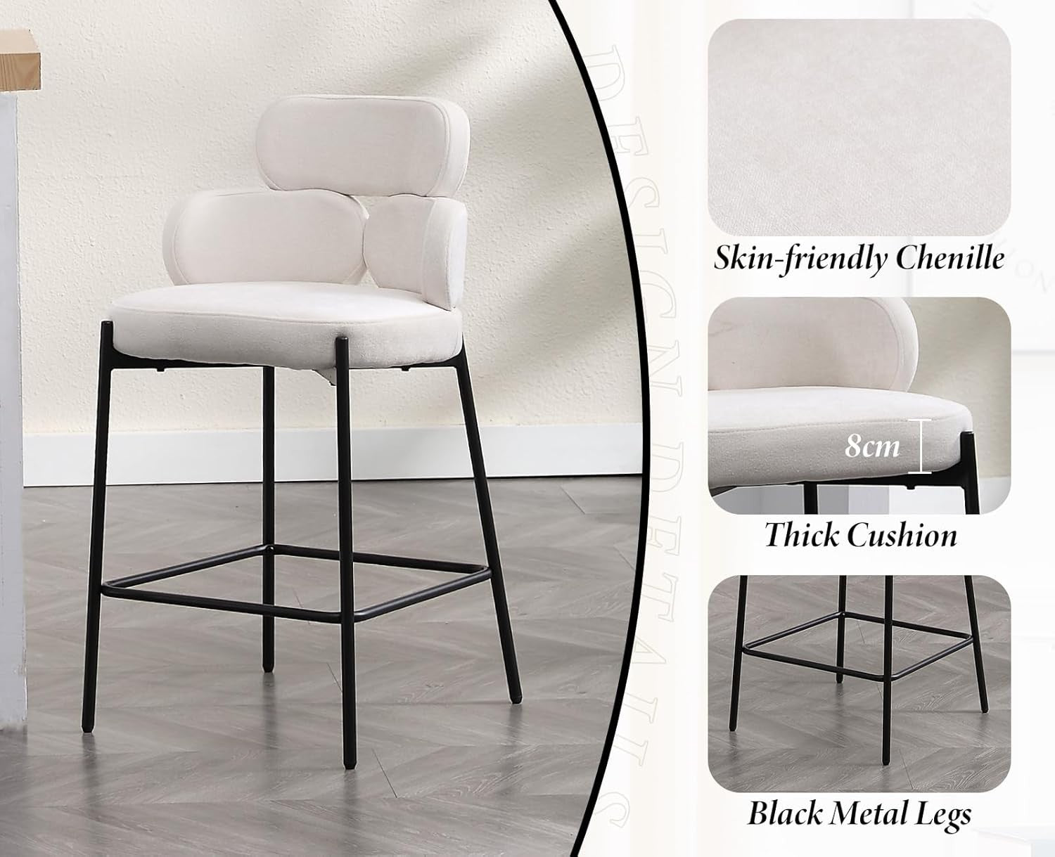 Modern Bar Stools 2pcs Beige Chenille Counter Kitchen Chairs