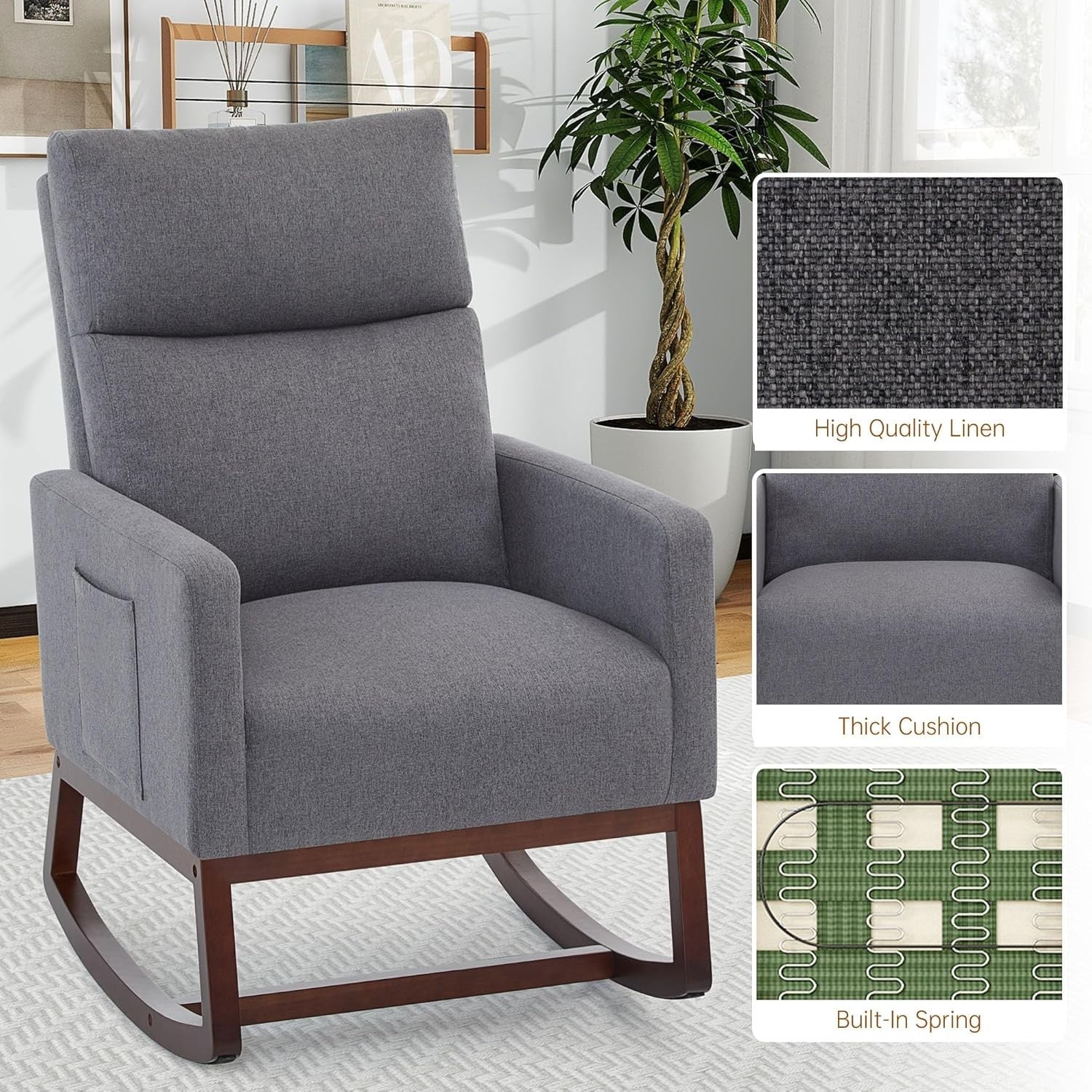 Modern Linen Rocking Chair with High Back & Side Pockets for Adults