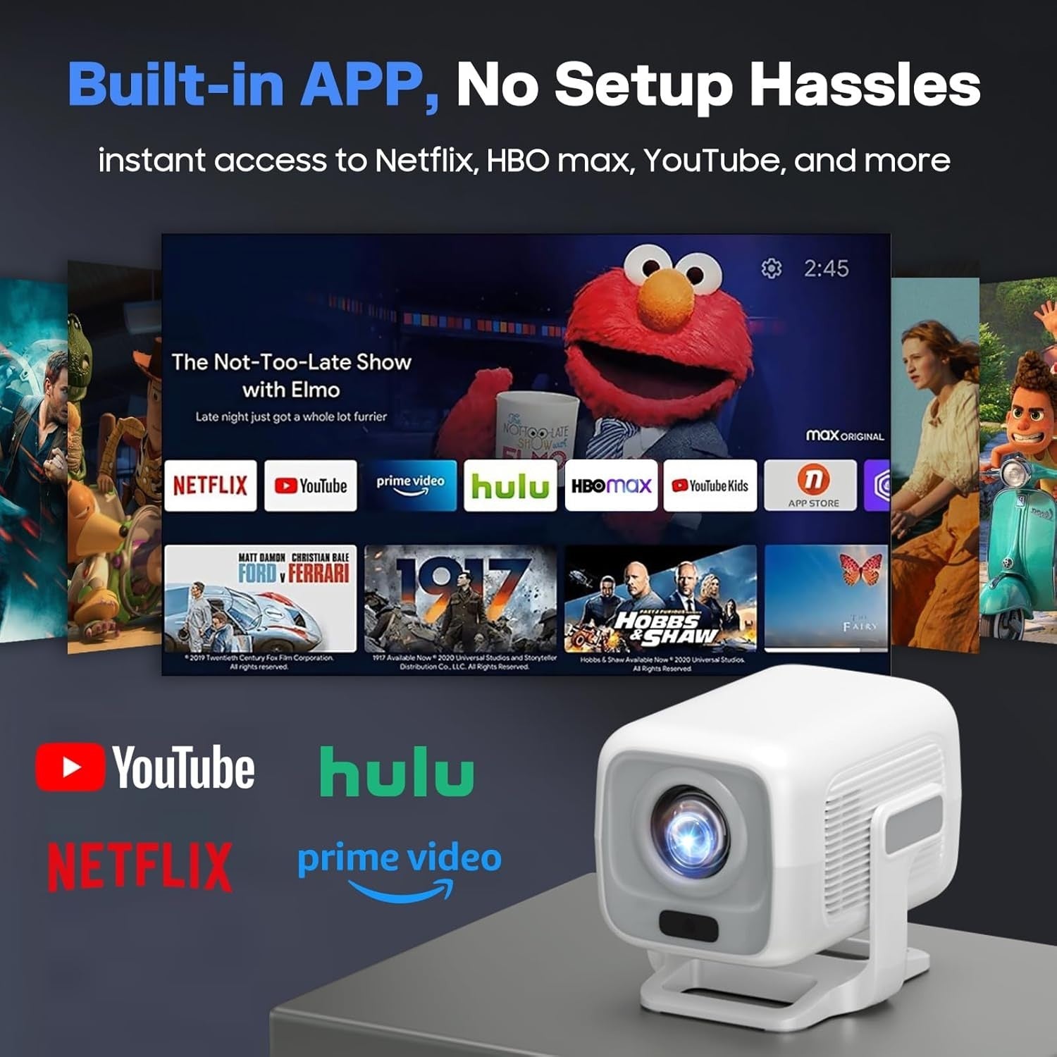 Mini 1080P Smart Projector 4K WiFi 6 Bluetooth Auto Focus 180°