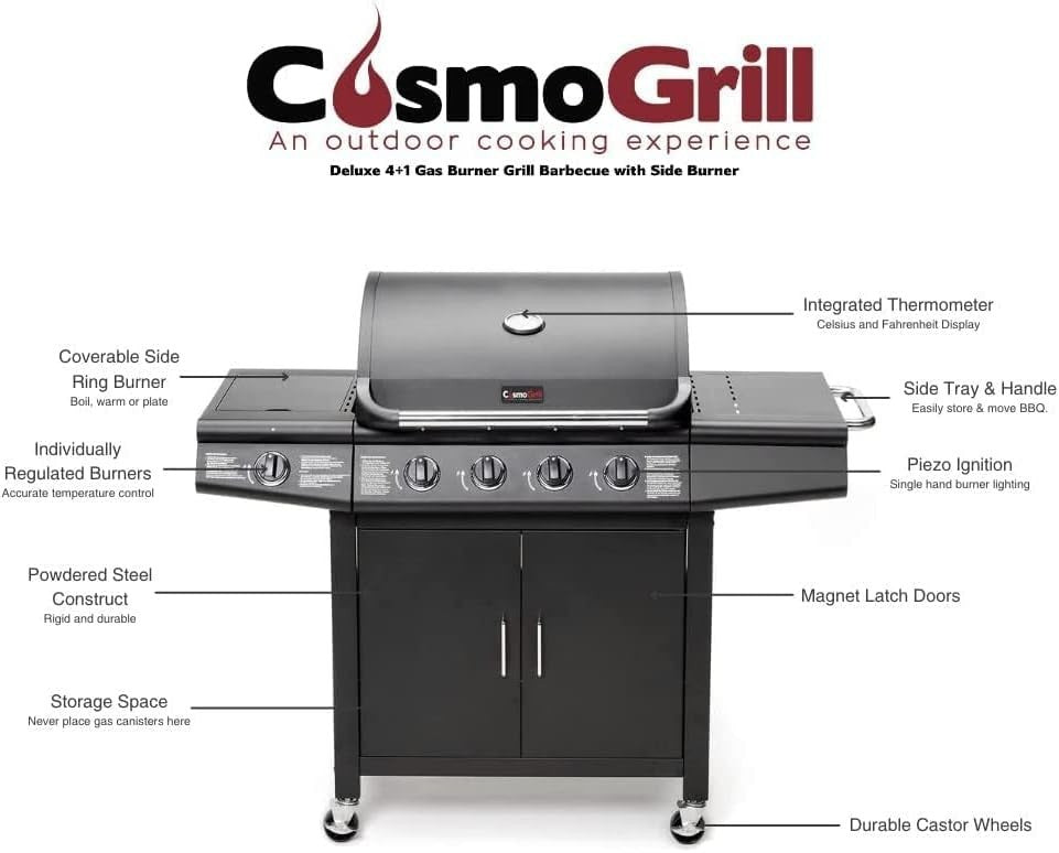 4+1 Gas BBQ Grill with Side Burner, 54x135x110cm, Storage Cabinet, Wheels, Cover