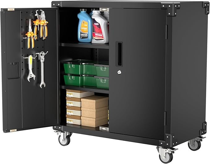 Metal Storage Cabinet with Wheels & Pegboard, Lockable Tool Cupboard with Adjust