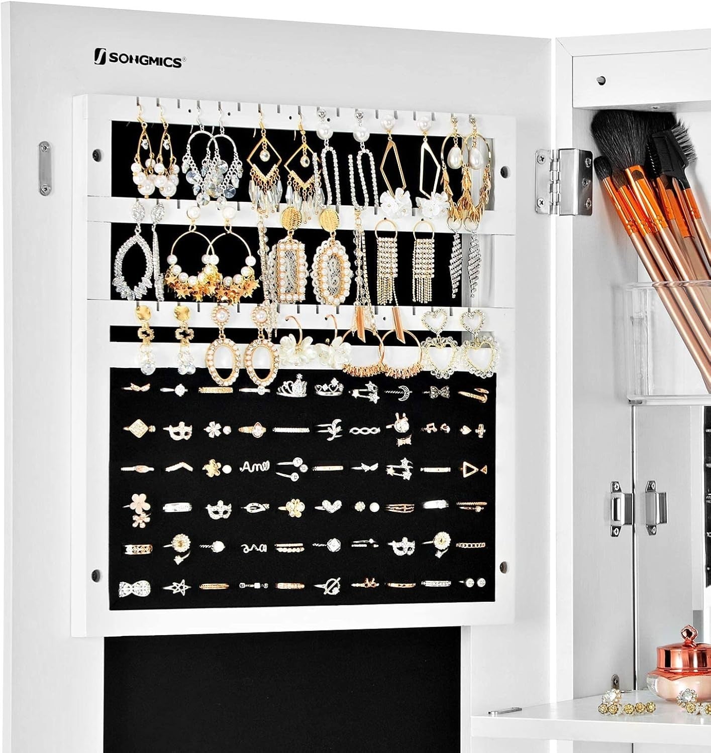 White Extra Wide Mirrored Jewelry Cabinet Lockable Storage Stand