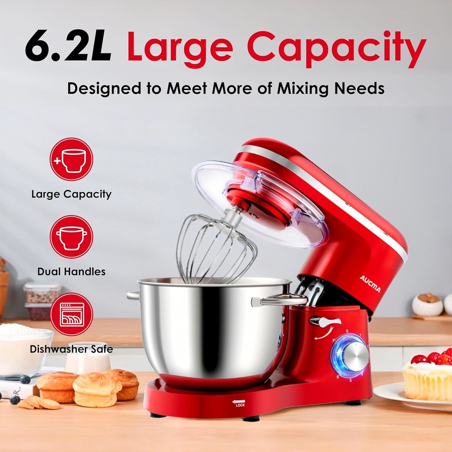 Powerful 1400W 6.2L Tilt-Head Stand Mixer | Stainless Steel Bowl, 6 Speeds