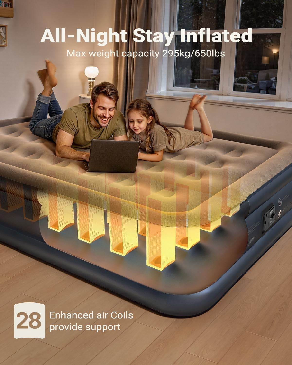 Double Air Mattress with Built-In Pump Quick Inflate Flocked Surface 295kg Max