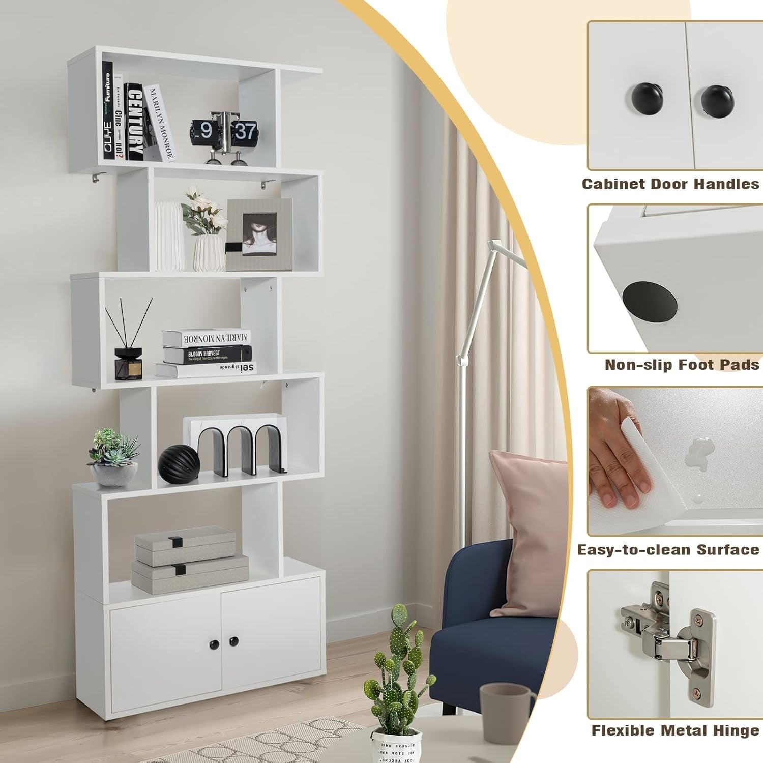White S-Shaped 6 Tier Bookcase Tall Freestanding Storage Shelf with Cabinet