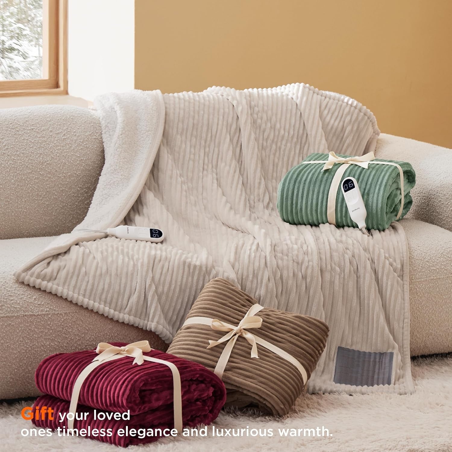 Electric Heated Throw Blanket 6 Heat Timer Overheat Protection Ribbed Flannel