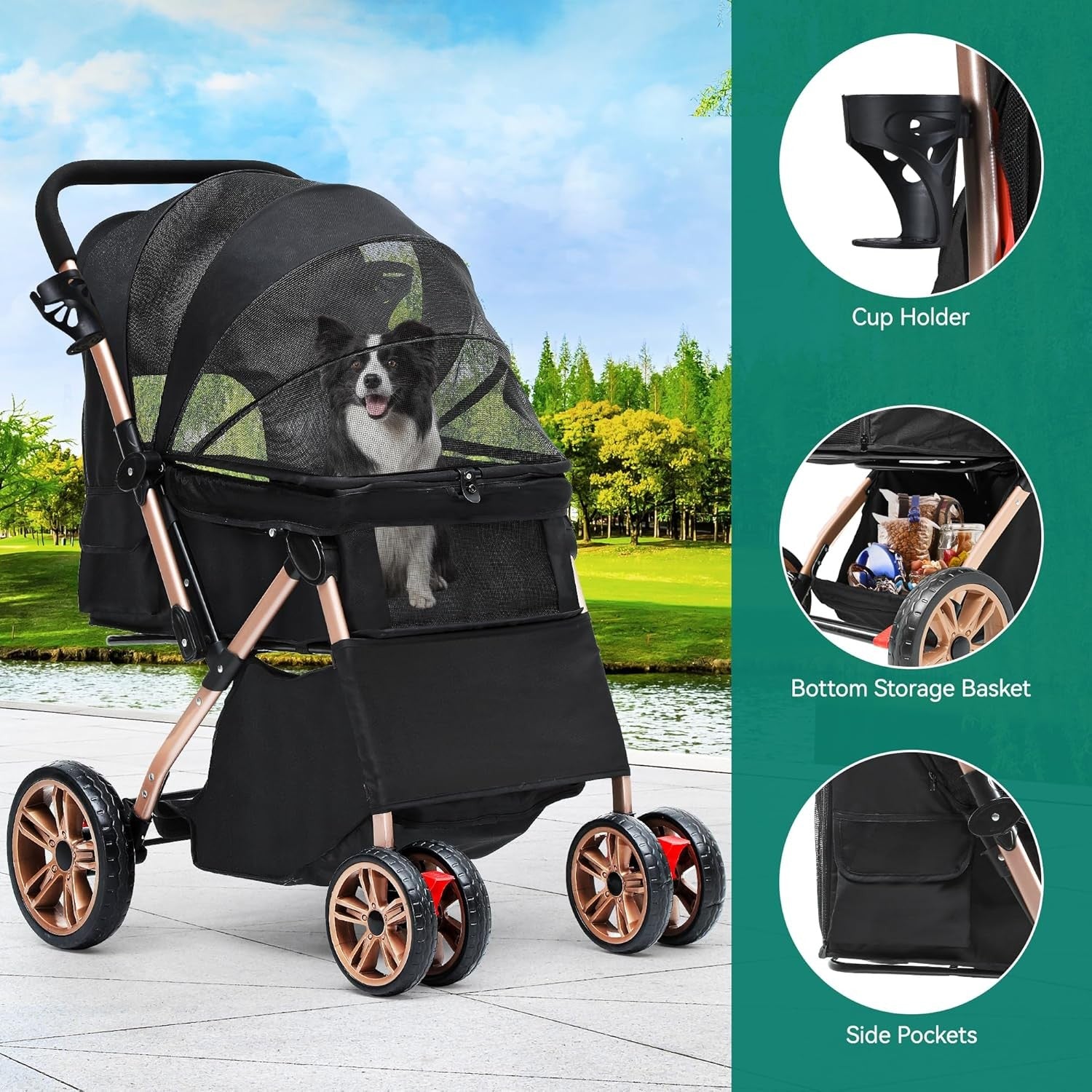 Dog Stroller with Reversible Handle Foldable Pushchair 4 Wheel Travel