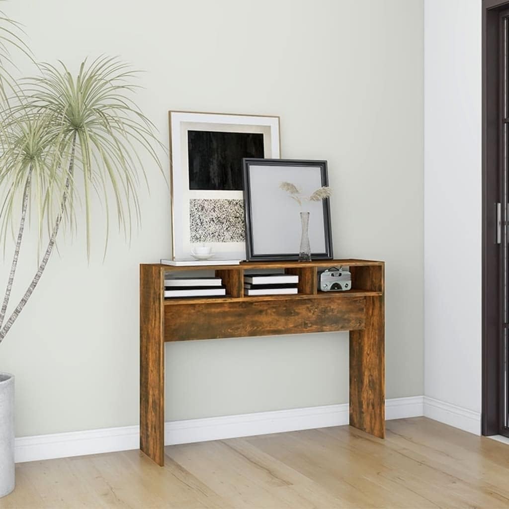 Smoked  Modern Console Table with Storage Shelves - Compact, Stylish Home Desk