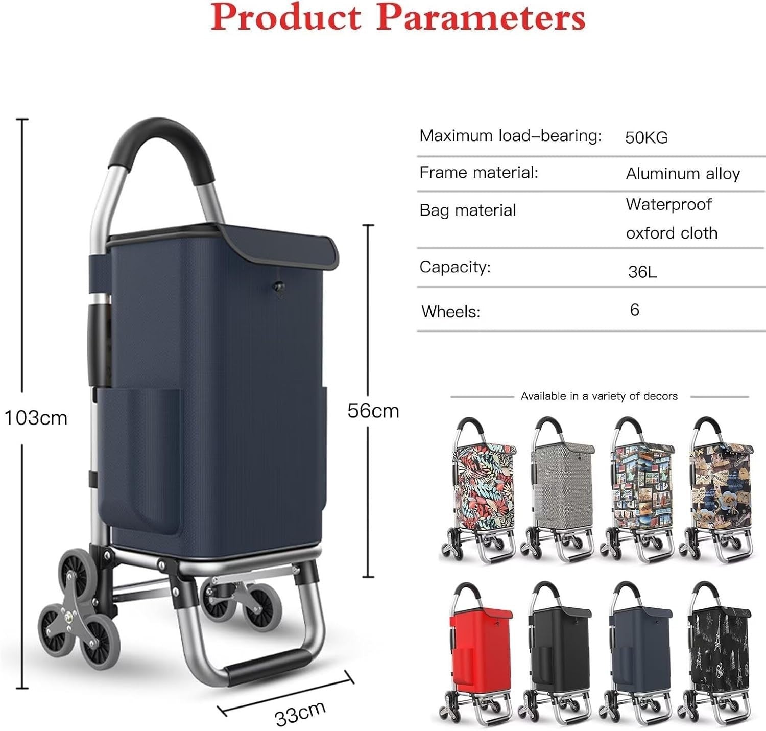 Lightweight 6-Wheel Folding Shopping Trolley Waterproof 2-in-1 Stair Climber