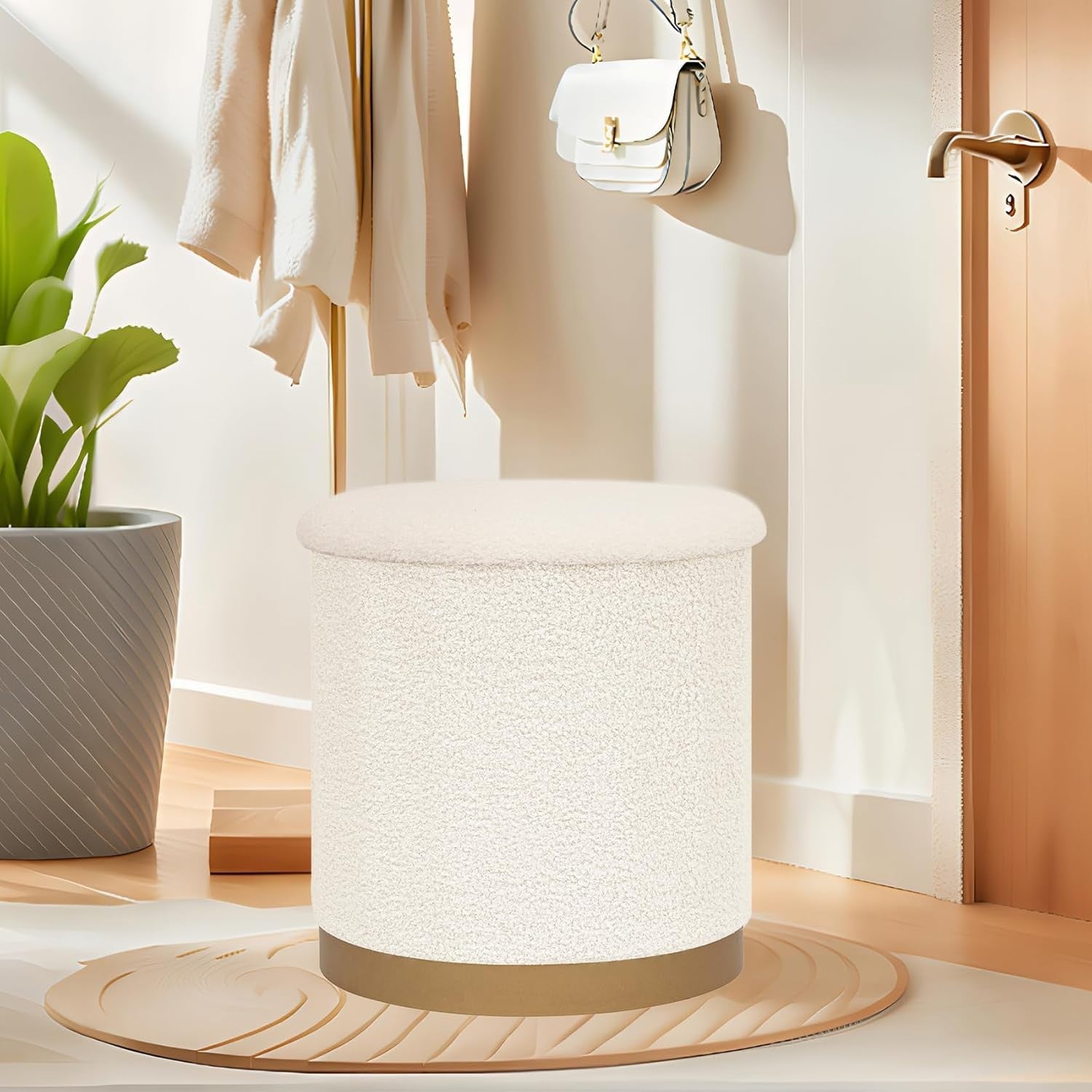 White Boucle Large Round Storage Ottoman Foldable Footstool with Tray Lid