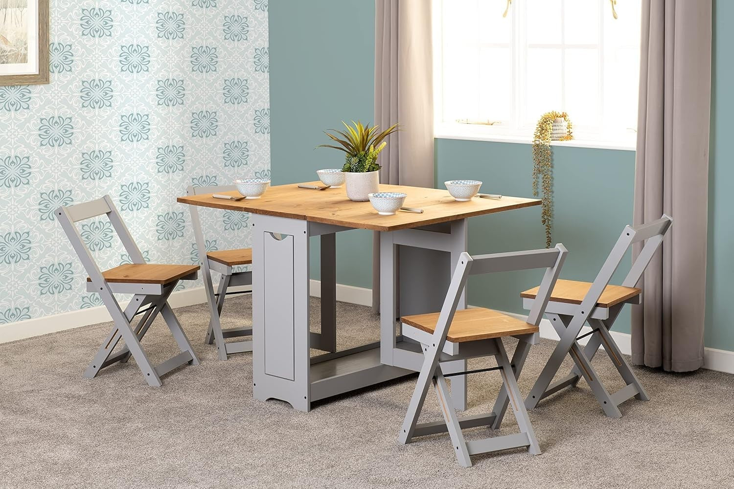Extendable Butterfly Dining Table Set Grey Pine Compact Kitchen Furniture