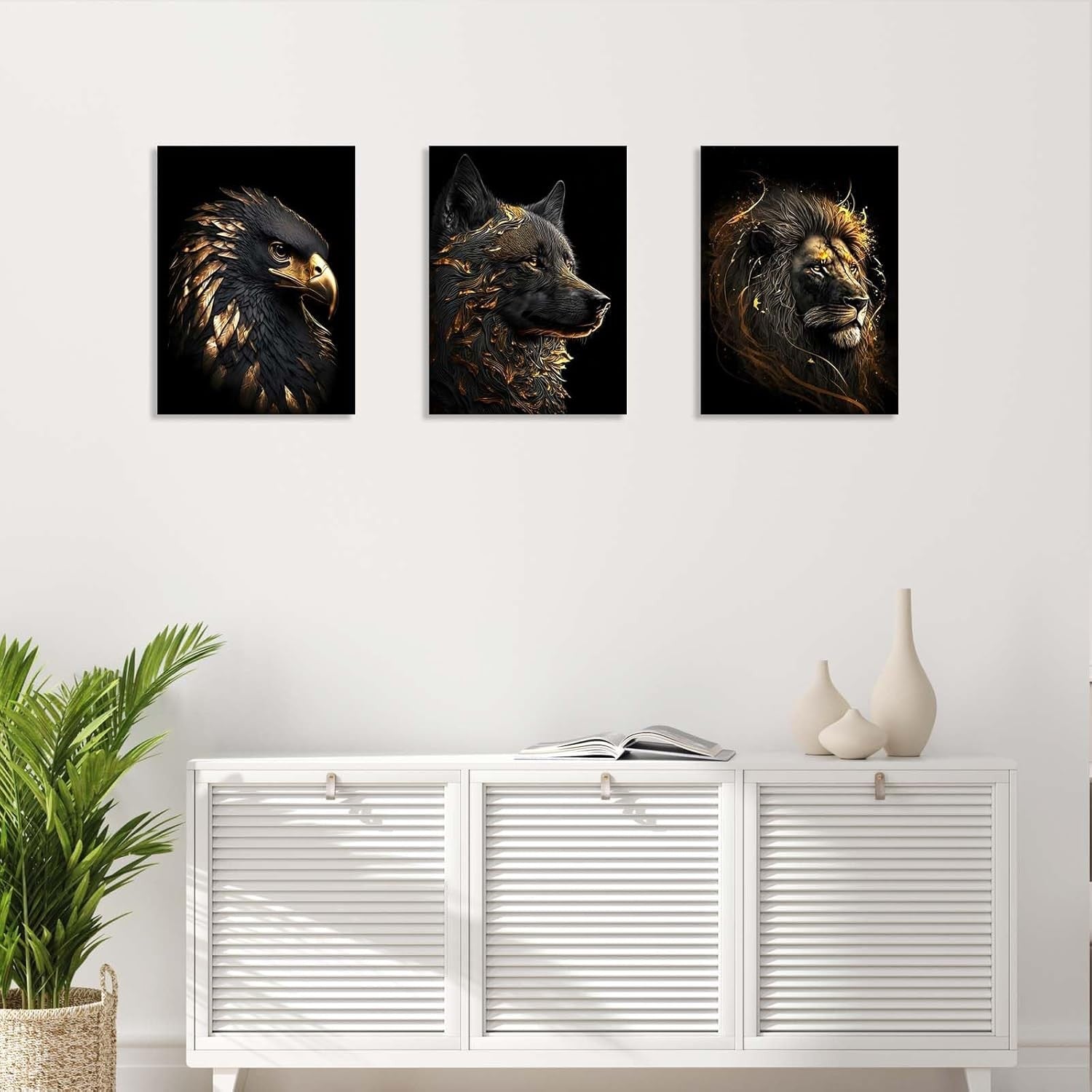 Set of 3 Black Gold Animal Canvas Wall Art 12x16 Framed Wolf Lion Eagle