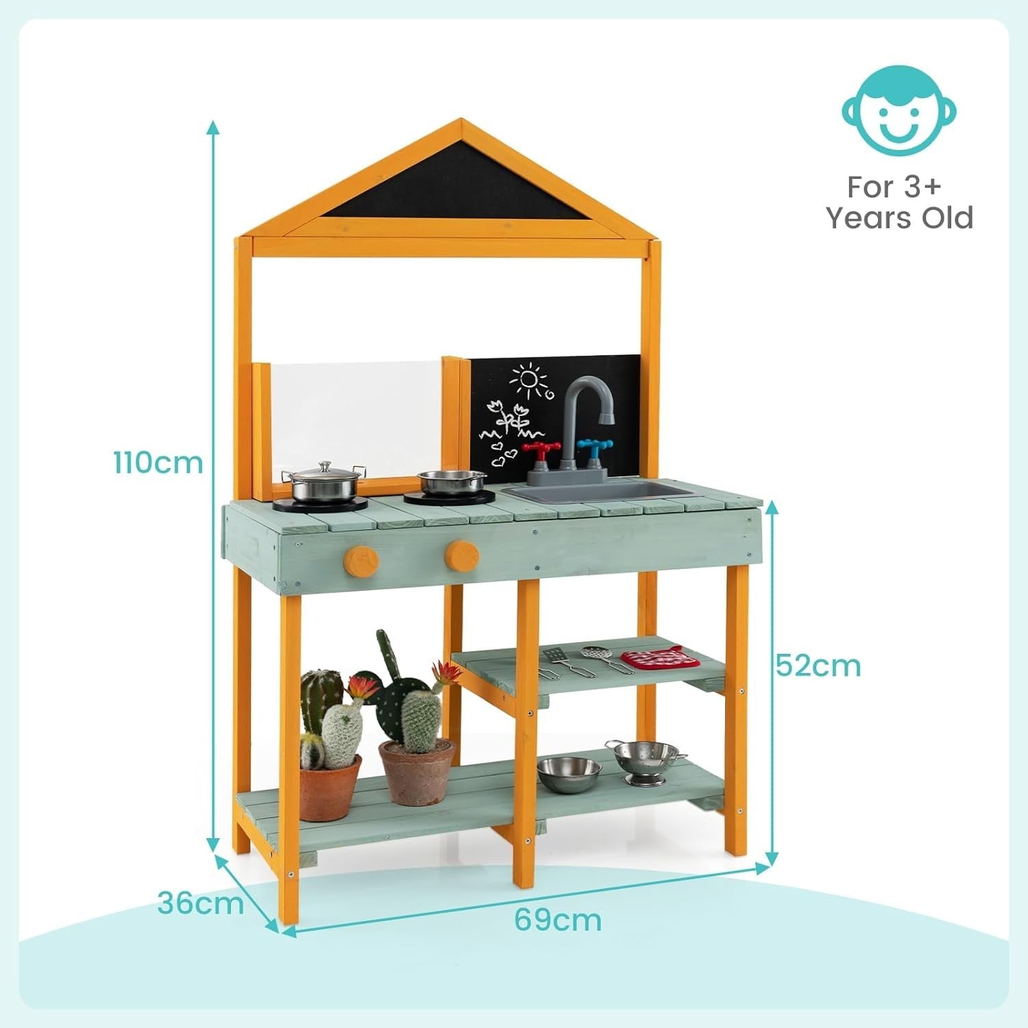 Outdoor Wooden Mud Kitchen Kids Playset Sink Chalkboard Planter Set