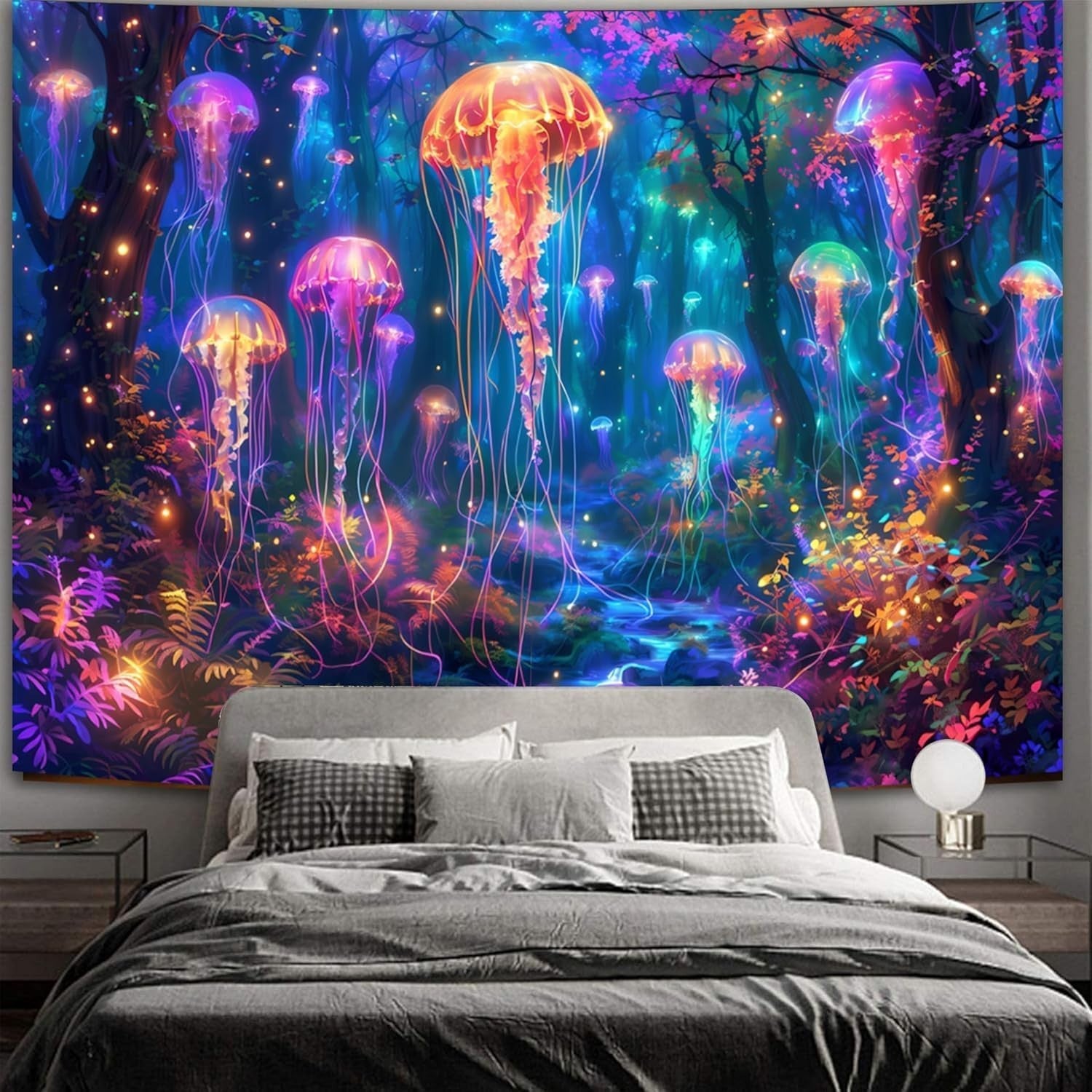 UV Reactive Jellyfish Forest Tapestry Neon Glow Wall Art Large