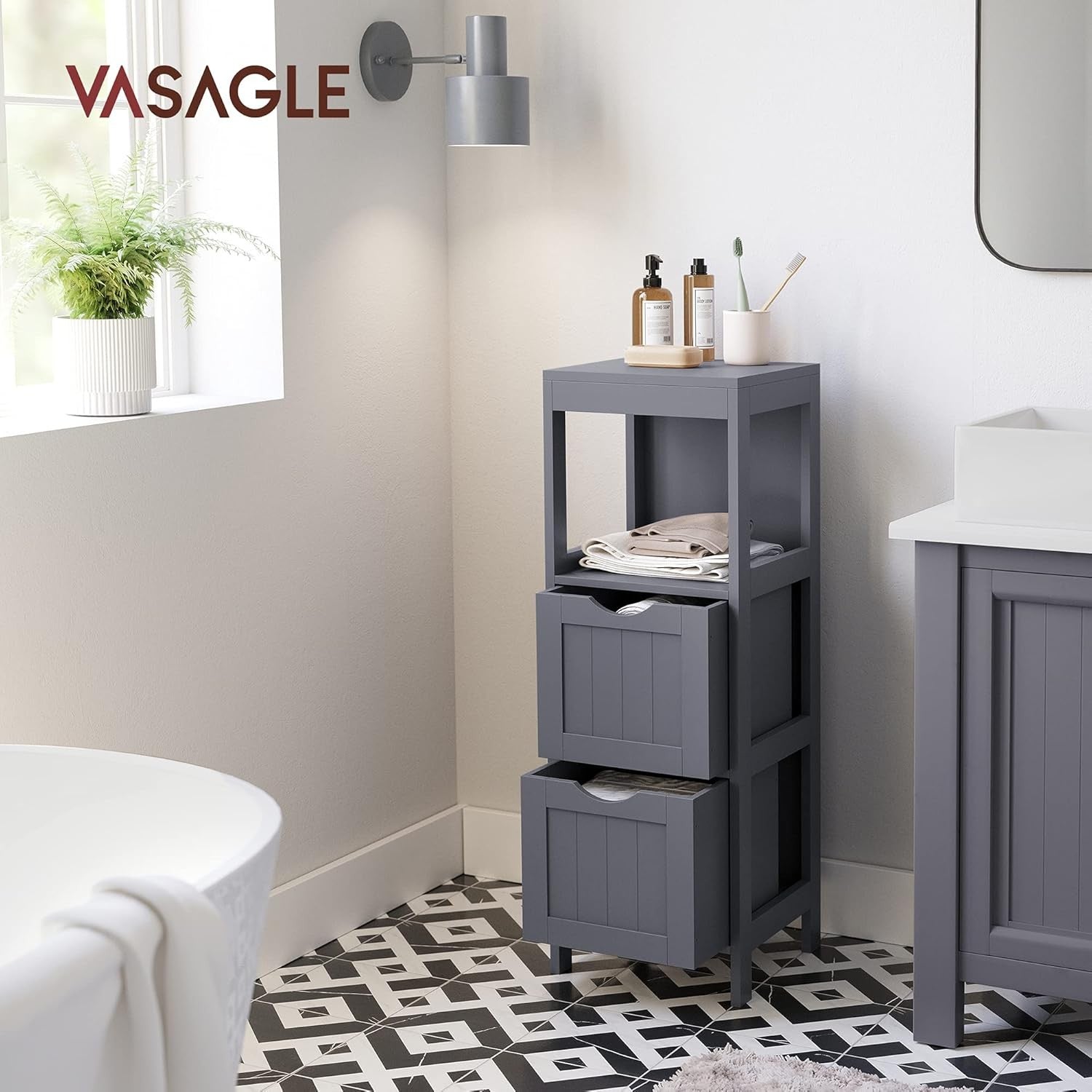 Tall Slate Grey Bathroom Cabinet – 2 Drawers + Open Shelf Modern Storage Unit