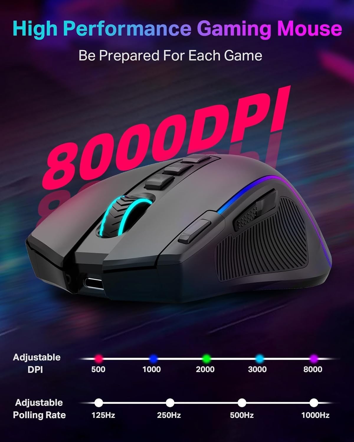 Wireless Gaming Mouse RGB 8000 DPI 9 Programmable Buttons Tri-Mode