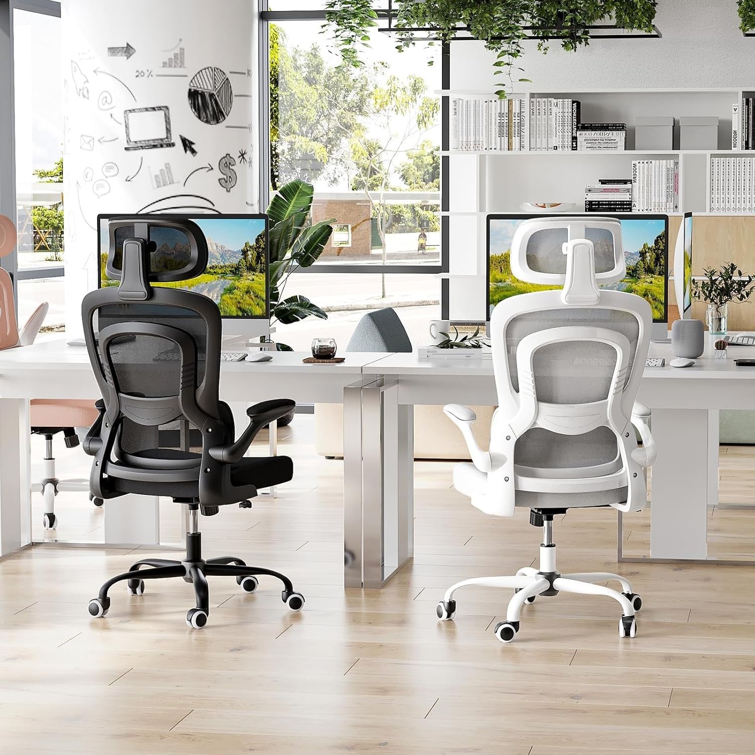Ergonomic Office Chair Mesh Swivel Desk w/ Headrest Flip-Up Arms White/Gray 14kg