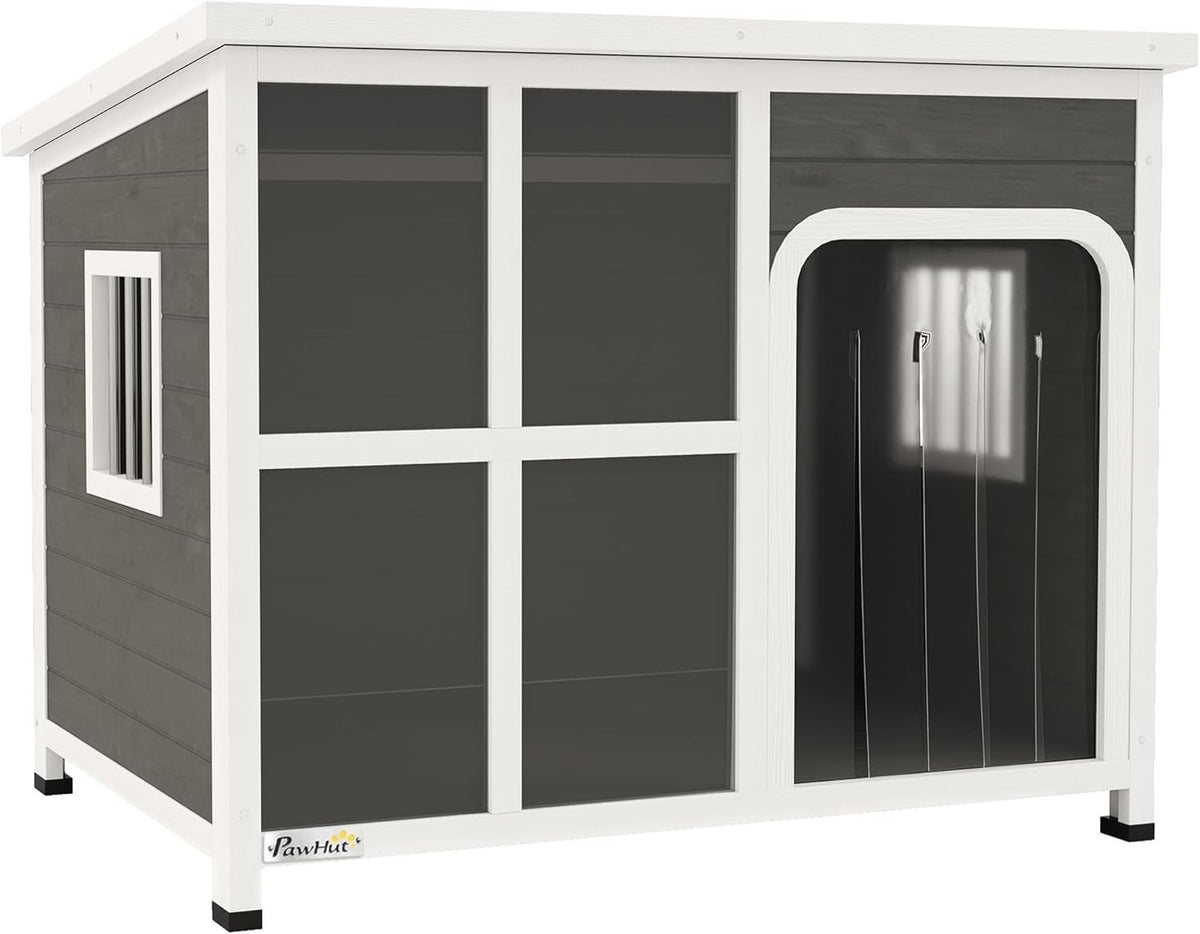 Large Wooden Dog Kennel Outdoor Shelter w/ Roof, Windows, Curtain | 103x77x83cm