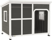Large Wooden Dog Kennel Outdoor Shelter w/ Roof, Windows, Curtain | 103x77x83cm