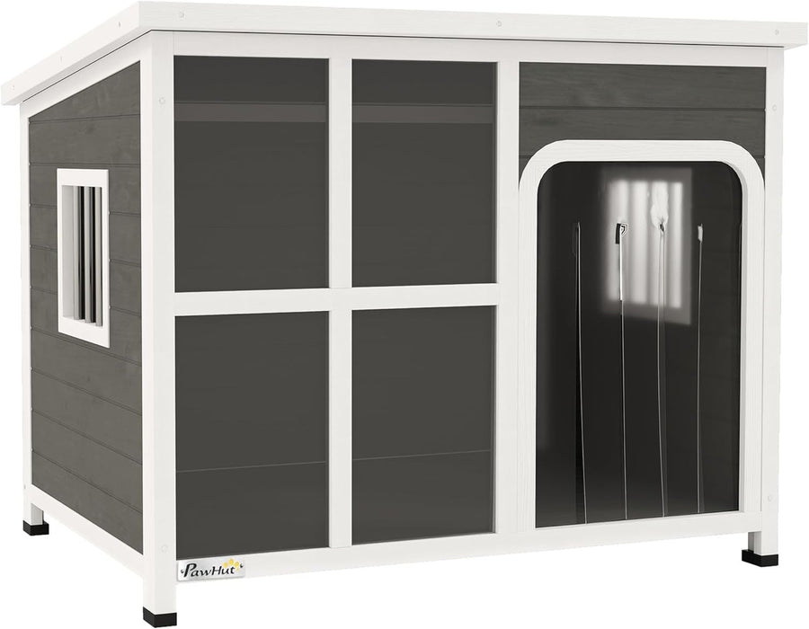Large Wooden Dog Kennel Outdoor Shelter w/ Roof, Windows, Curtain | 103x77x83cm